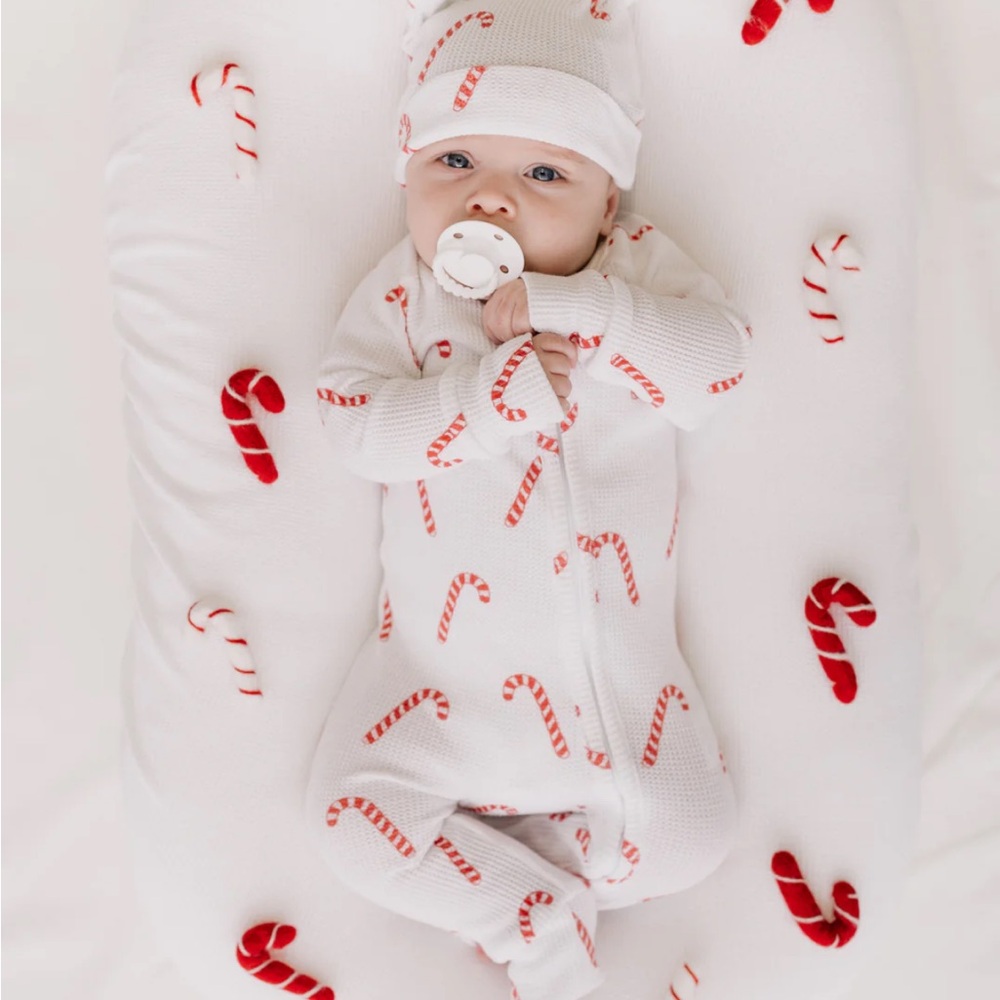 Little & Fern Zip Romper | Classic Candy Cane Waffle